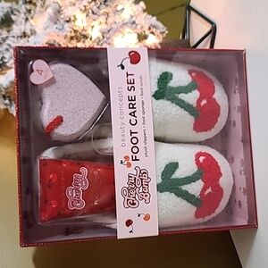 NEW Cherry Bomb Foot Care Set with Plush Slippers